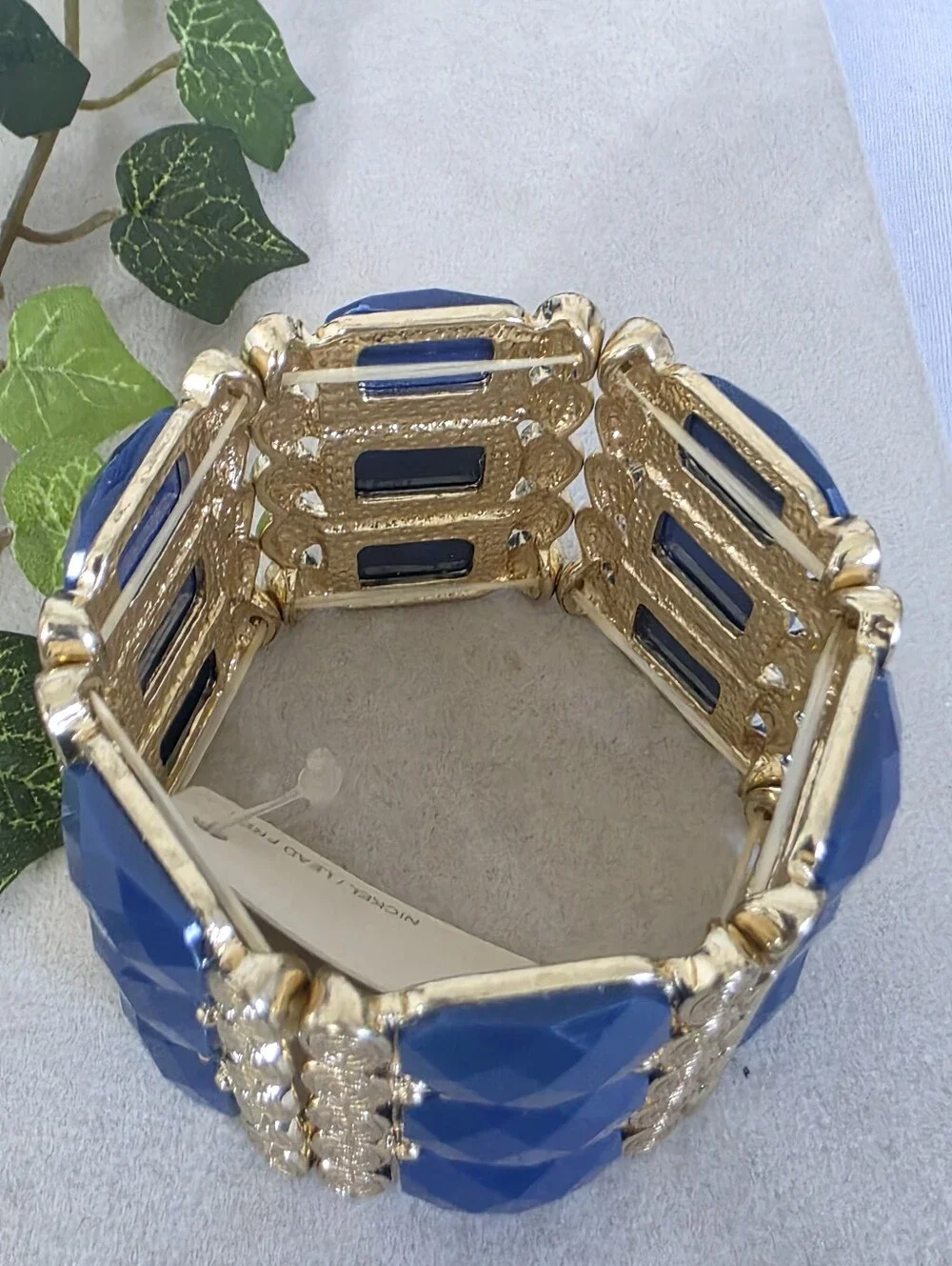 Bold Royal Blue Cabochon & Gold Tone Stretch Statement Cuff Bracelet